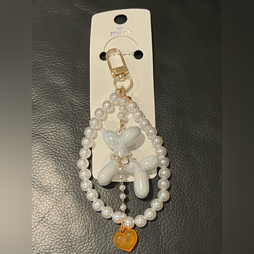 Mint Iridescent White Balloon Dog Keychain with Gold and Yellow Heart